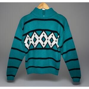 Vtg 80s 90s Pretense Sweater Green Knit Pullover Geometric Stripes Diamonds Sz M